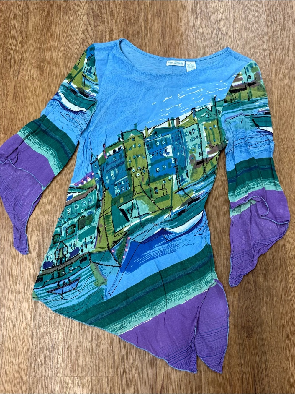 Vintage funky building patterned asymetrical top